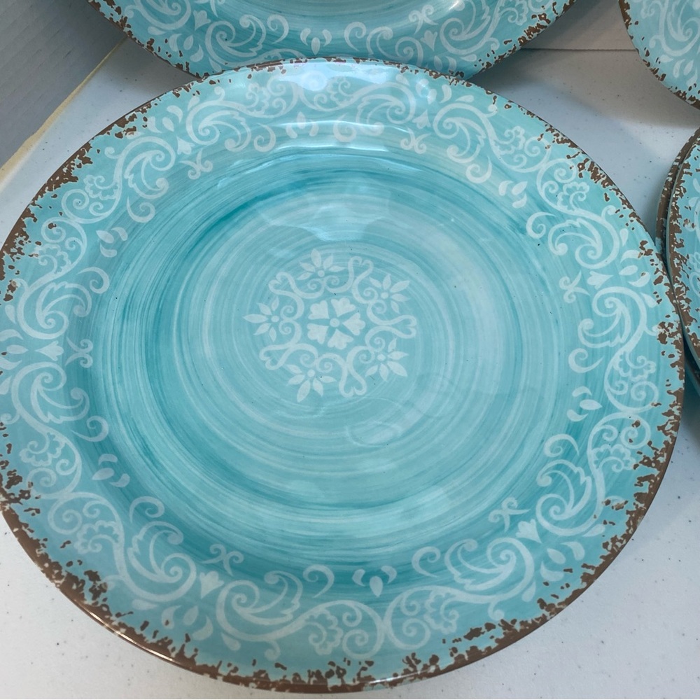 Cynthia Rowley Melamine Dinner Plates 11” Set of 6 Turquoise Swirl
